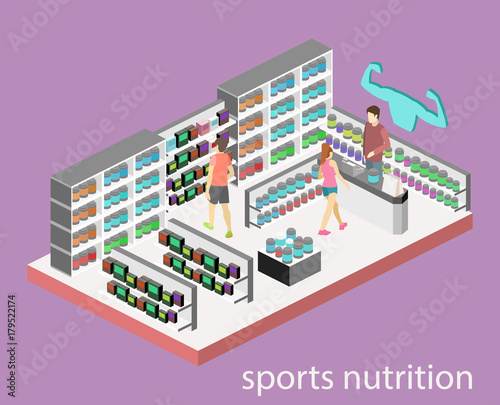 Isometric flat 3D isolated vector cutaway interior of Sports supplements.