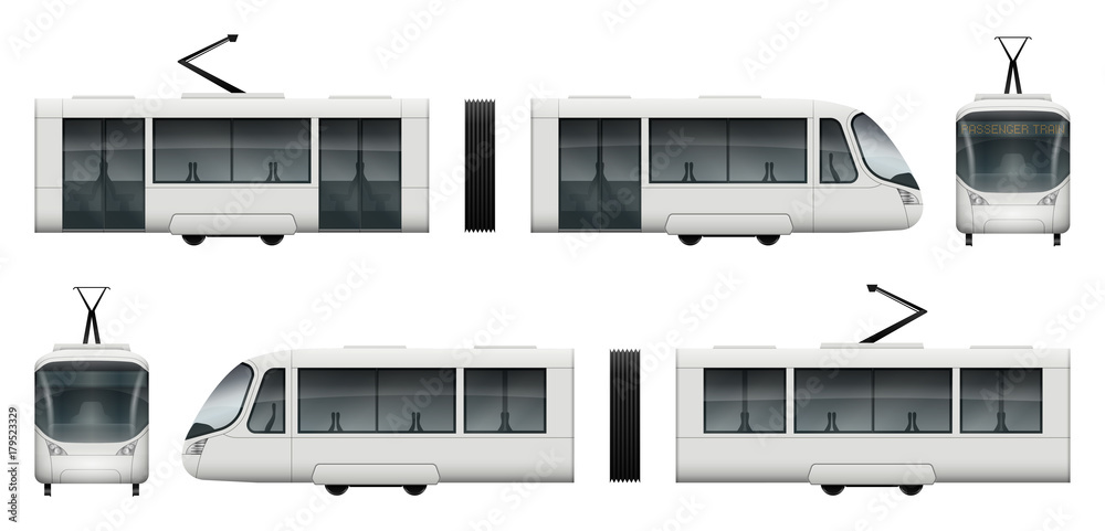 White tram vector mock-up for advertising, corporate identity. Isolated train template on white. Vehicle branding mockup. All layers and groups well organized for easy editing and recolor. - obrazy, fototapety, plakaty 