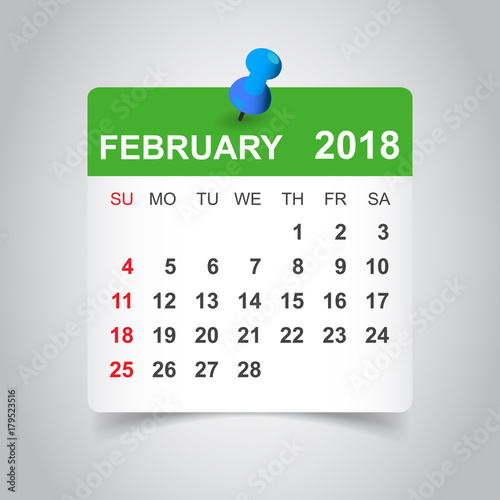 February 2018 calendar. Calendar sticker design template. Week starts on Sunday. Business vector illustration.