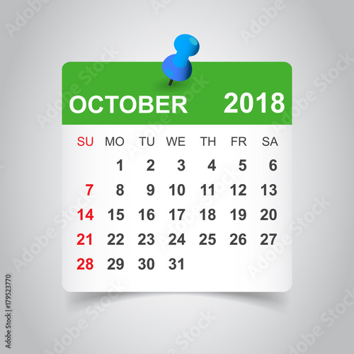 October 2018 calendar. Calendar sticker design template. Week starts on Sunday. Business vector illustration.