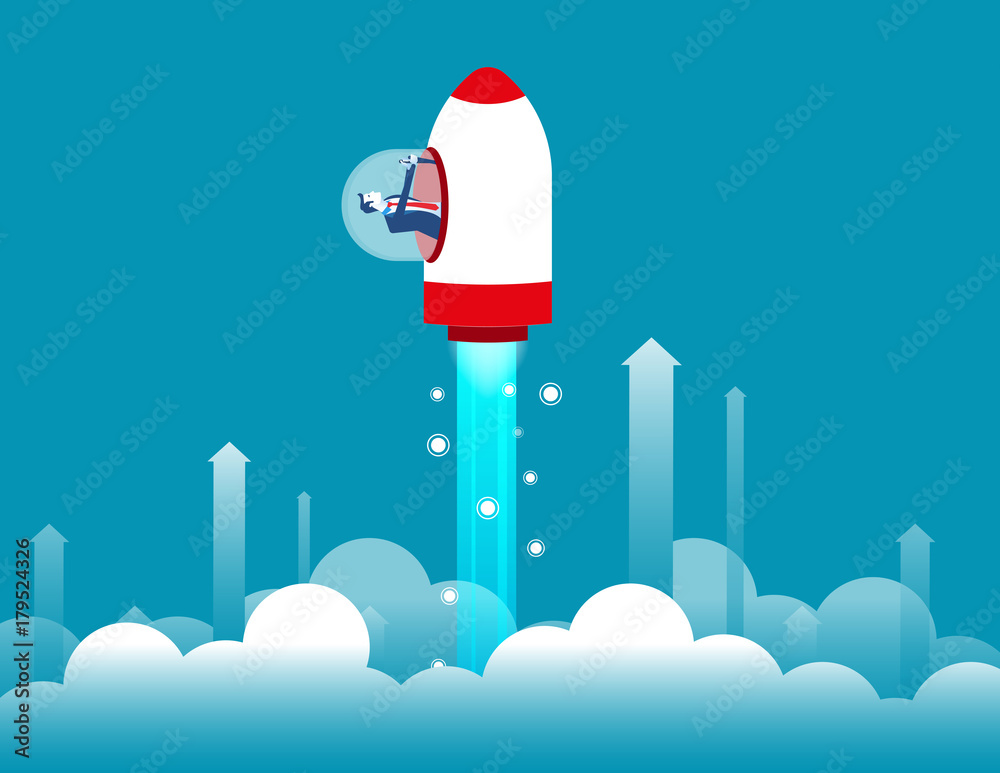 Growth. Businessman inside a rocket and flying up. Concept business vector illustration.