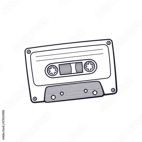 Vector illustration. Hand drawn doodle of Retro audio cassette. Analog media for recording and listening to stereo music. Old-fashioned tape cassette. Cartoon sketch. Isolated on white background  