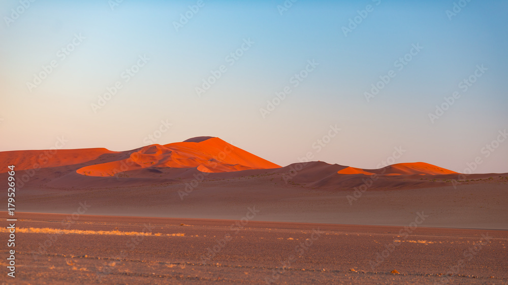 Sossusvlei Namibia, travel destination in Africa. Sand Dunes and clay salt pan with acacia trees, Namib Naukluft National Park, Namib desert.