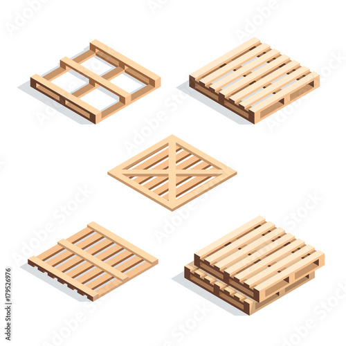 Set of isometric wooden pallets.