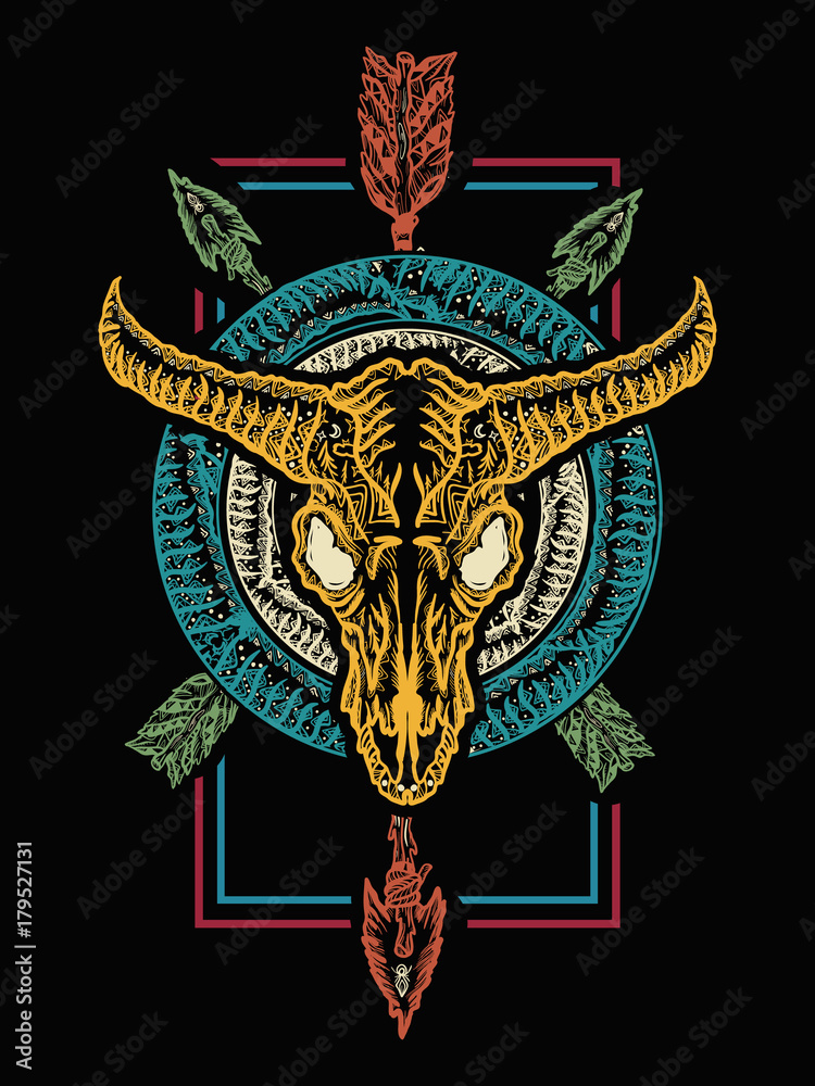 Obraz premium Bison skull and crossed arrows. Native american culture. Wild west western art. Bull skull tribal style