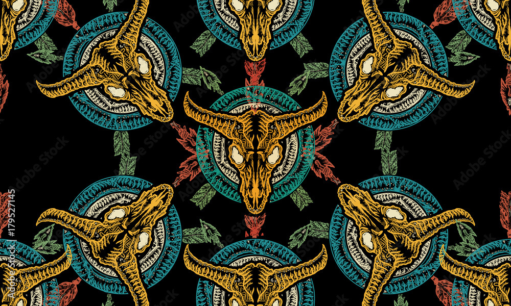 Bison skull and crossed arrows seamless pattern. Tribal art. Native american culture. Wild west western art. Bull skull tribal style seamless background