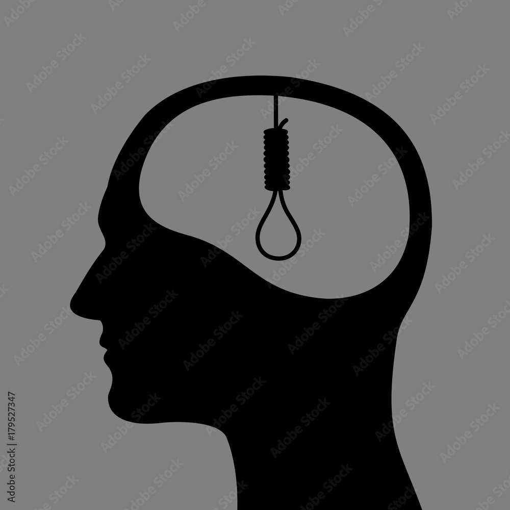 Human head with hangman's rope instead of brain - Man is thinking about  suicide and killing himself