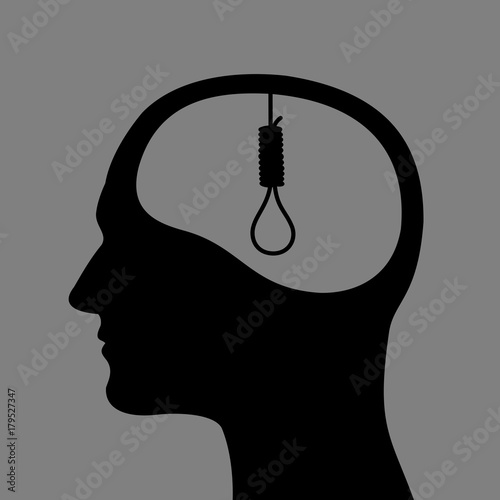 Human head with hangman's rope instead of brain - Man is thinking about suicide and killing himself by hanging. Negative thinking of person who wants to die end end life. Dark vector illustration. photo