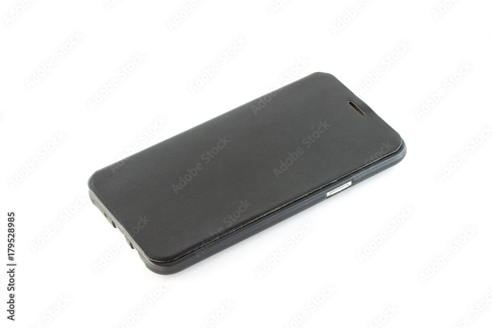 Black leather case of smartphone isolated on white Black leather case of smartphone isolated on white