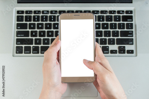 Using smartphone with white screen, mobile device and wireless technology