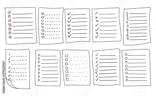 Collection of vector isolated outline hand drawn check to do list, bullet