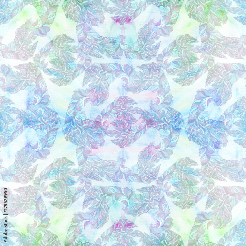 Feathers - decorative composition.Watercolor painting.  Wallpaper. Use printed materials, signs, posters, postcards, packaging. Seamless pattern.