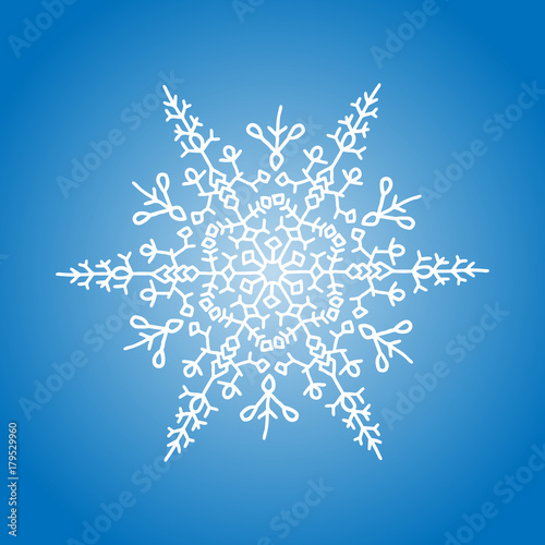 Winter white snowflake on blue background. Christmas element. Vector illustration.
