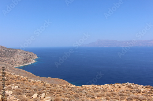 Blue Mediterranean Sea and Rodopos peninsula  taken from the Balos peninsula  near Kissamos in Chania prefecture  Crete Island  Greece.