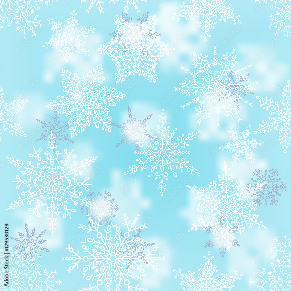 Christmas white and silver snowflakes on blur blue background. Winter holiday pattern. Greeting card. Vector illustration. Christmas white and silver snowflakes on blur blue background. Winter holiday pattern. Greeting card. Vector illustration.