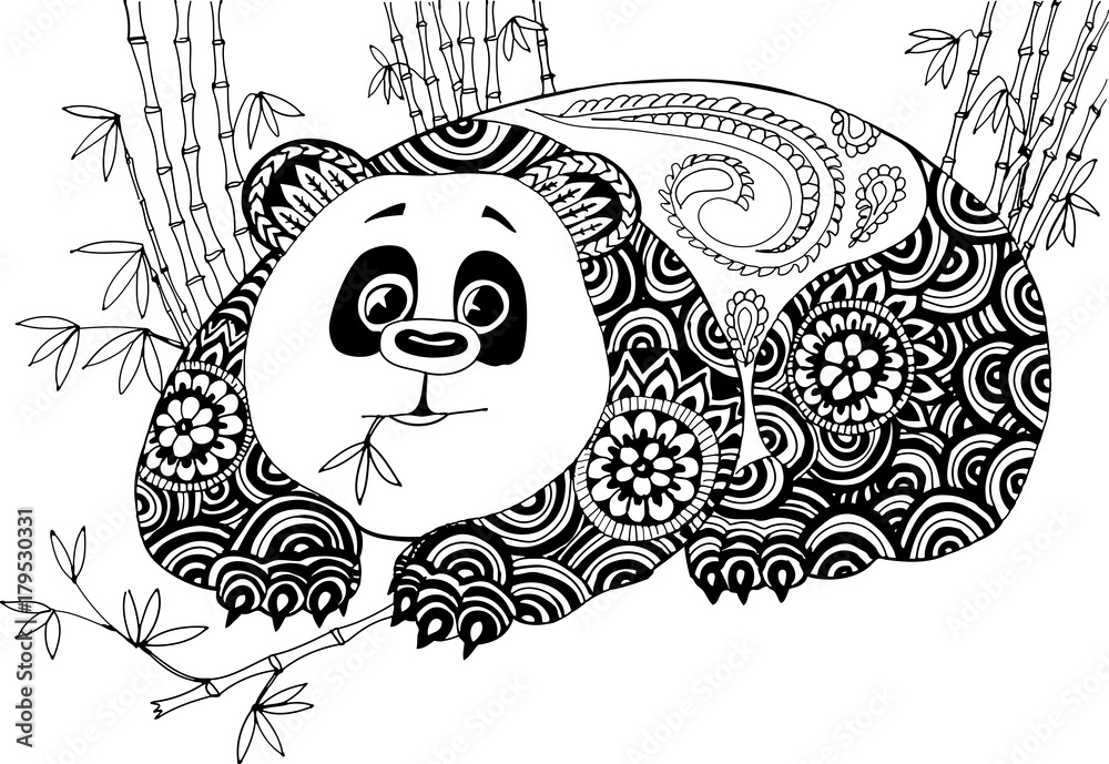 Fototapeta Panda w bambusowych zaroślach. Ręcznie rysowane wzory do kolorowania. Odręczny rysunek szkic dla dorosłych kolorowanka antystresowy w stylu zentangle.