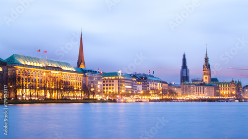 Alster Lakes with Hamburg cityscape during twilight in Germany