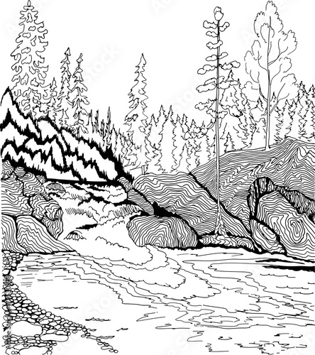 Landscape with waterfall. Hand drawn patterns for coloring. Freehand sketch drawing for adult antistress coloring book in zentangle style.