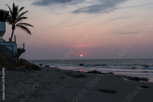 Sunset over the Pacific Ocean in Mancora, Peru.