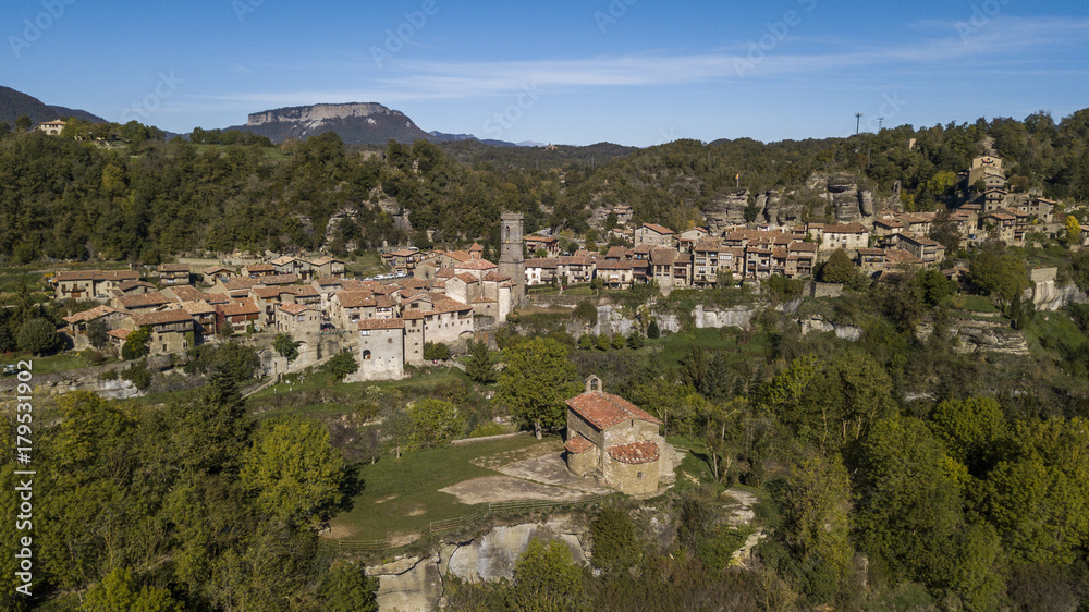 Aerial view of medieval Rupit village in the county of Osona, Catalonia, Spain