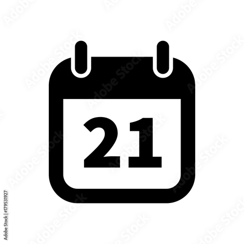 Simple black calendar icon with 21 date isolated on white