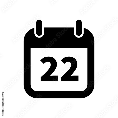 Simple black calendar icon with 22 date isolated on white