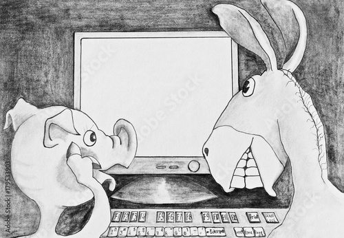 Tablou canvas The pig and the ass at the computer. Caricature