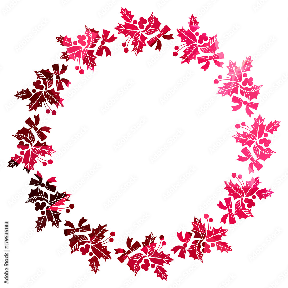 Round Christmas frame with holly berries silhouettes.