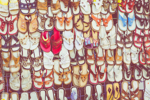 Traditional leather slippers in souk in Aswan, Egypt.