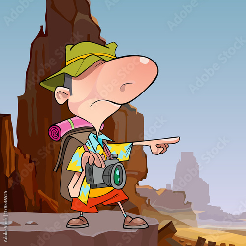 cartoon male tourist points a finger in a stone canyon