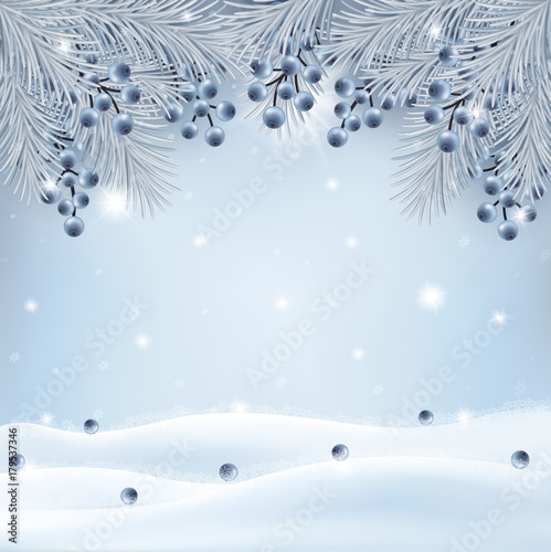 Christmas background with fir branches, blueberry and sparkling snowfall