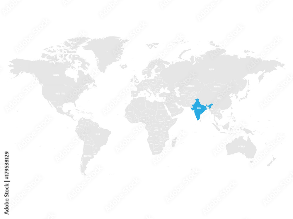 India marked by blue in grey World political map. Vector illustration.