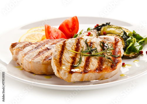 Grilled steaks and vegetables