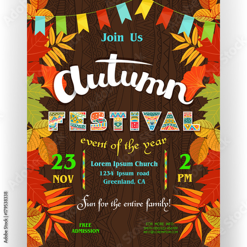 Autumn festival poster template with colorful border from fall season leaves and flags garland.
