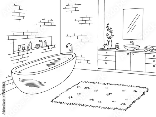 Bathroom graphic interior black white sketch illustration vector