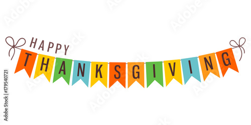 Happy Thanksgiving holiday decoration. Colorful garland of bunting flags and text.