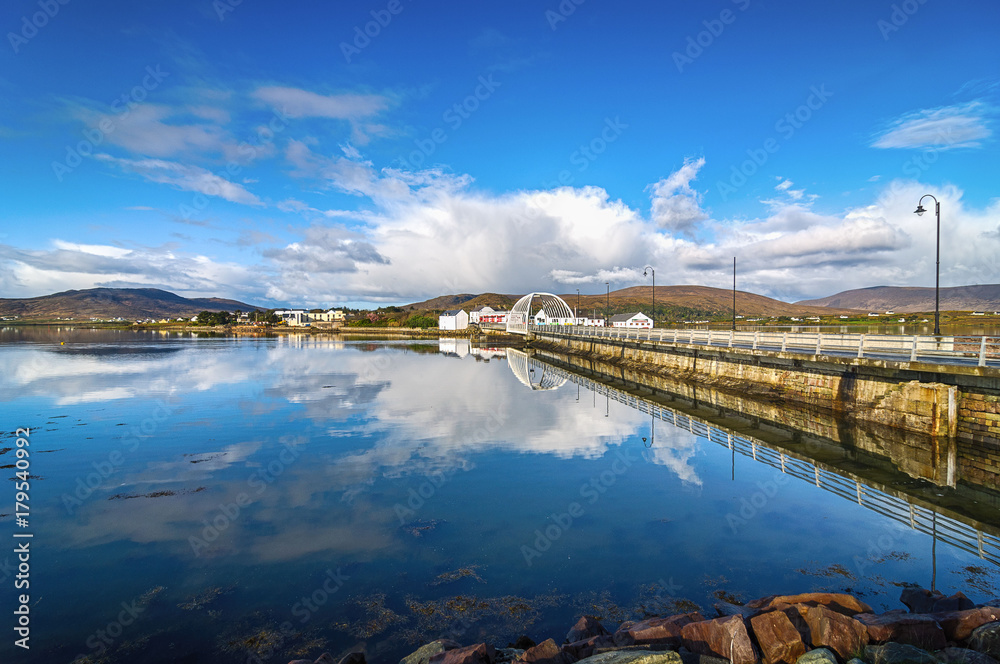 Obraz premium achill island bridge with achill island town in the distance. beautiful irish village in county mayo along the wild atlantic way