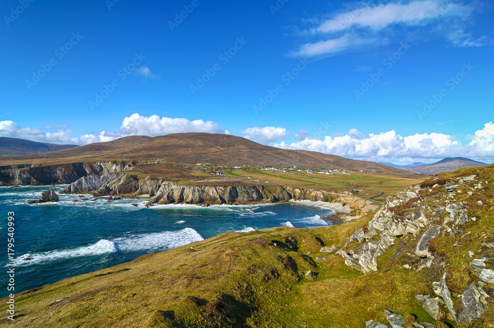 beautiful rural irish country nature landscape from the north west of ireland. scenic achill island along the wild atlantic way. famous irish tourism attraction.