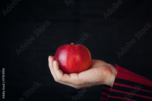 Hand hold red apple.