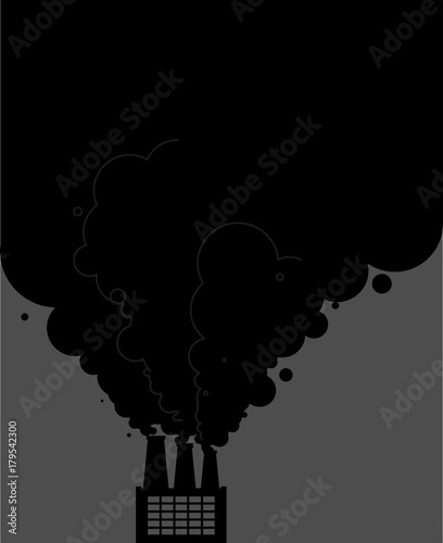 Black smoke pipes of factory. Ecological catastrophy. Industrial landscape. Plant poisonous emissions. Environmental pollution. Vector illustration
