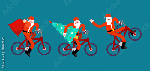 Santa Claus on bicycle set. Red bag and Christma tree. Happy New Year. Xmas BMX vector illustration