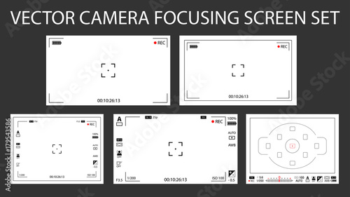 Modern camera focusing screen with settings 5 in 1 pack - digital, mirorless, DSLR. White viewfinders camera recording isolated. Vector illustration
