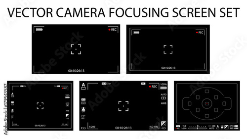 Modern camera focusing screen with settings 5 in 1 pack - digital, mirorless, DSLR. Black viewfinders camera recording isolated. Vector illustration