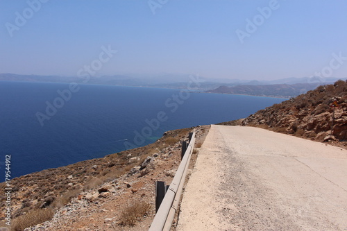 Blue Mediterranean sea and Kissamos bay, taken from the Balos peninsula, on the road of Balos beach in Chania prefecture, Crete Island, Greece.