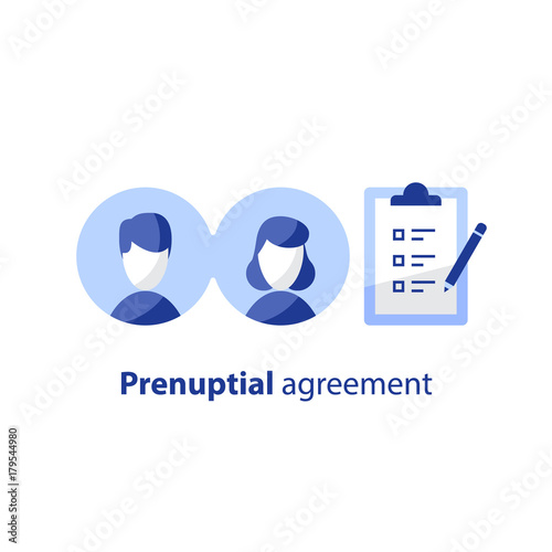 Check list clipboard, prenuptial agreement document, couple divorce, sociology concept, questionnaire form icon