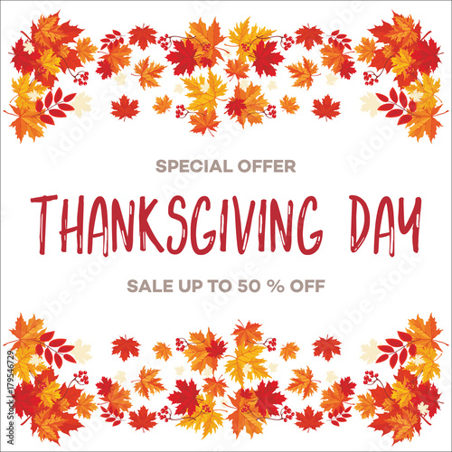 Template for Thanksgiving Day sale discount banner with autumn leaves and pumpkin. Vector illustration for invitation  posters  brochure  special offer voucher. American traditional family holiday.