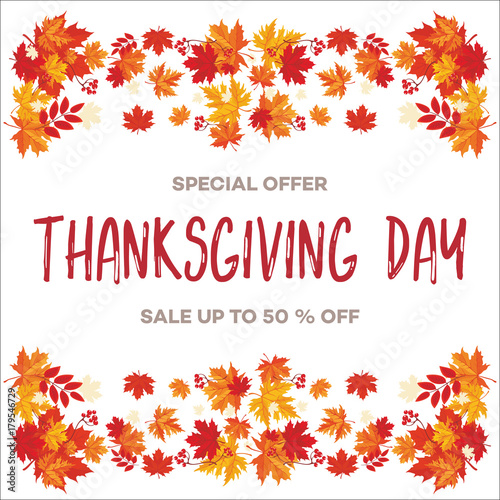 Template for Thanksgiving Day sale discount banner with autumn leaves and pumpkin. Vector illustration for invitation, posters, brochure, special offer voucher. American traditional family holiday.