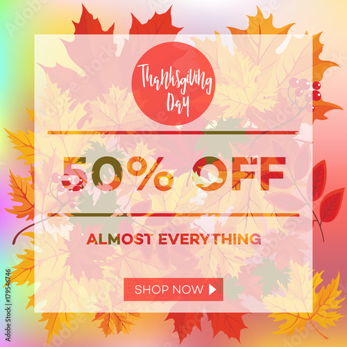 Template for Thanksgiving Day sale discount banner with autumn leaves and pumpkin. Vector illustration for invitation, posters, brochure, special offer voucher. American traditional family holiday.