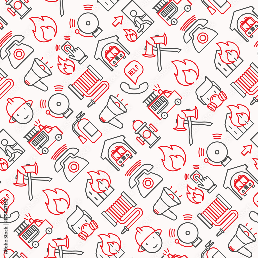 Fototapeta premium Firefighter seamless pattern with thin line icons: fire, extinguisher, axes, hose, hydrant. Modern vector illustration for banner, web page, print media.