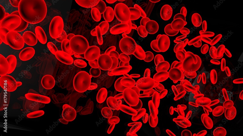 Red blood cells isolated on black background for science education.